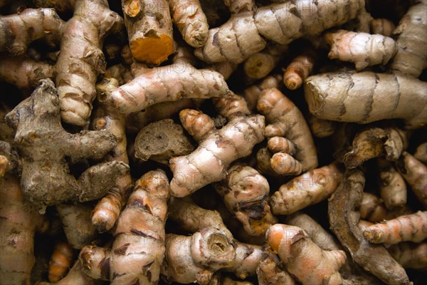 WEST INDIES, St Lucia, Castries, Market spice stall with galangal a member of the ginger family herb