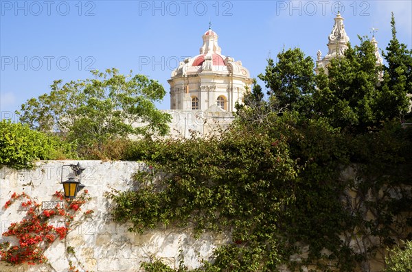 MALTA, Mdina, The Silent City. The dome of 17th Century Saint Pauls Cathedral designed by architect Lorenzo Gafa seen from Bastion Square