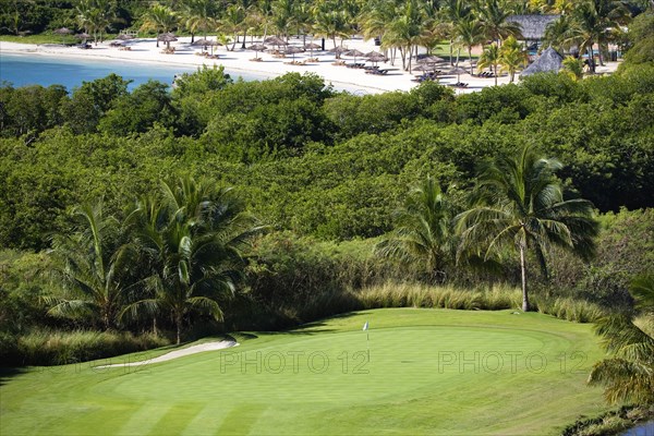 WEST INDIES, St Vincent & The Grenadines, Canouan, "Raffles Resort Trump International Golf Course designed by Jim Fazio. The 8th green and Jambu beach beyond lined with coconut palm trees, palapas and sunbeds"