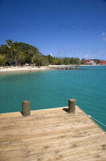 WEST INDIES, St Lucia, Gros Islet , Pigeon Island National Historic Park Tourists on the beach lined with coconut palm trees and a wooden jetty decking in the foreground