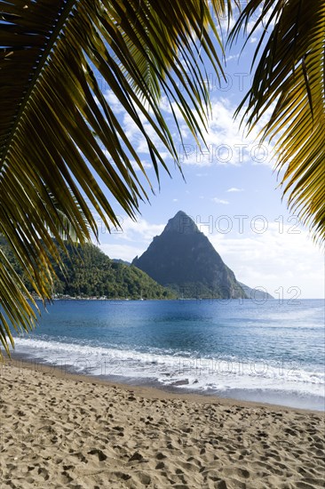WEST INDIES, St Lucia, Soufriere, Soufriere Beach lined with coconut palm trees with the town and the volcanic plug mountain of Petit Piton beyond