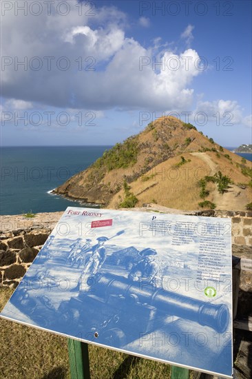 WEST INDIES, St Lucia, Gros Islet , Pigeon Island National Historic Park Signal Hill seen from Fort Rodney with an illustrated display of the fort in the 18th Century in the foreground