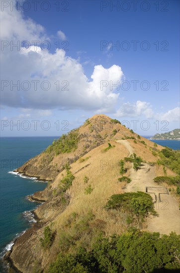 WEST INDIES, St Lucia, Gros Islet , Pigeon Island National Historic Park Signal Hill seen from Fort Rodney