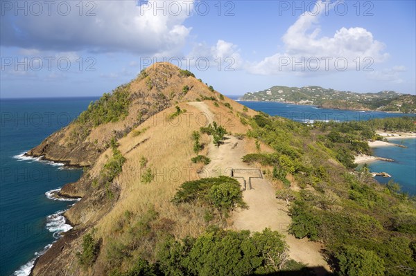 WEST INDIES, St Lucia, Gros Islet , Pigeon Island National Historic Park Signal Hill seen from Fort Rodney