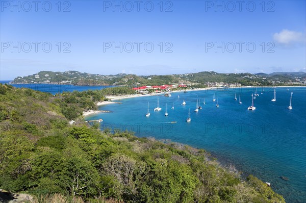 WEST INDIES, St Lucia, Gros Islet , View from Rodney Fort on Pigeon Island National Historic Park towards the isthmus and Rodney Bay