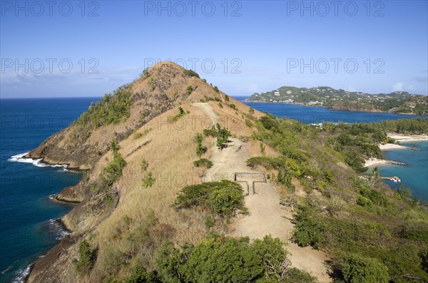 WEST INDIES, St Lucia, Gros Islet , Pigeon Island National Historic Park Signal Hill seen from Fort Rodney