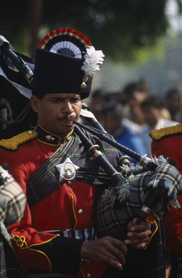 INDIA, Rajasthan, Alwar, Bagpiper performing at the Alwar Utsav Festival