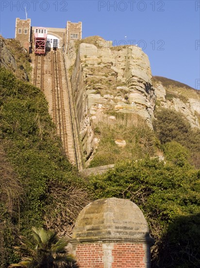 ENGLAND, East Sussex, Hastings, The East Hill Lift. View looking up at the steepest funicular railway in the United Kingdom.Takes passengers from sea level down near the old fishing quarter to the top of East Hill and the edge of Hastings Country Park