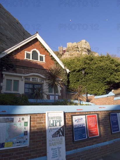 ENGLAND, East Sussex, Hastings, The East Hill Lift. View looking up at the steepest funicular railway in the United Kingdom.Takes passengers from sea level down near the old fishing quarter to the top of East Hill and the edge of Hastings Country Park
