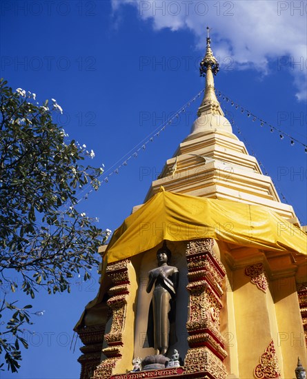 THAILAND, North, Chiang Mai, Standing Buddha statue below gold chedi wrapped in golden orange silk and hung with lights.