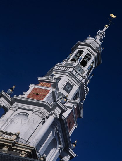 HOLLAND, Noord Holland, Amsterdam, Zuiderkerk Tower completed in 1614. Angled view of the first Protestant church built in Amsterdam by Hendrick de Keyser between 1603 and 1611