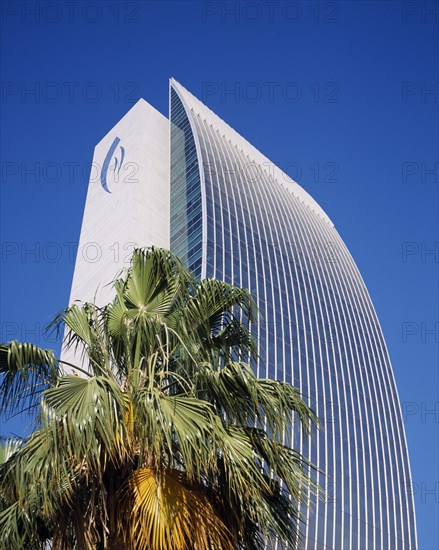 UAE, Dubai, National Bank of Dubai on Dubai creek with palm in foreground.