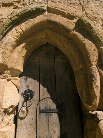 ENGLAND, East Sussex, Battle, Battle Abbey. Detail of wooden gate