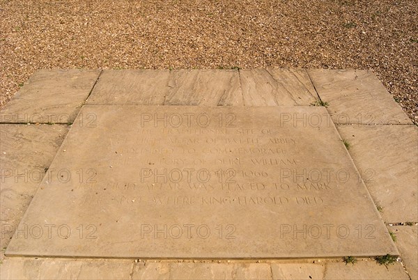 ENGLAND, East Sussex, Battle, Battle Abbey. Plaque marking the spot where King Harold fell in the 1066 Battle of Hastings