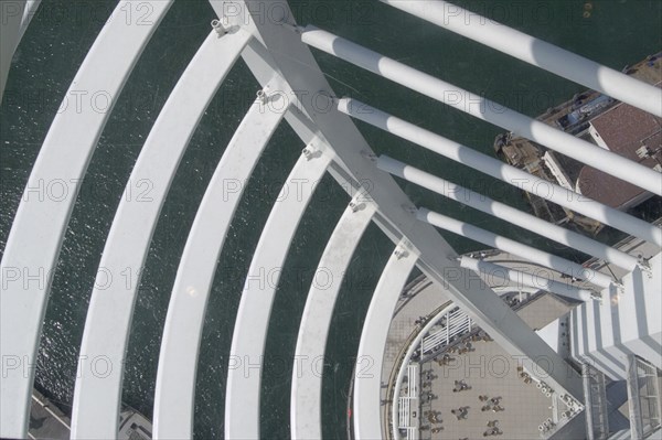 ENGLAND, Hampshire, Portsmouth, Gunwharf Quays. The Spinnaker Tower. View looking down through the white steelwork over the sea