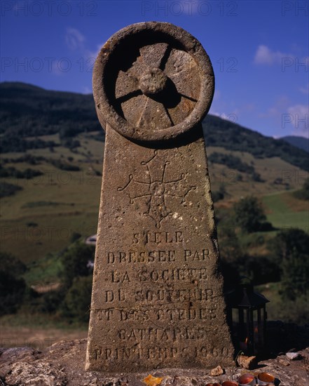 FRANCE, Midi-Pyrenees, Ariege, Chateau de Montsegur.    Carved stone erected to the memory of 200 members of the Cathar church burnt at the stake in March 1244 A.D.