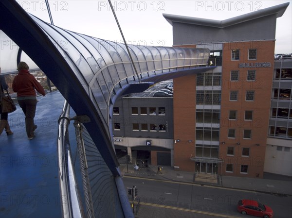 ENGLAND, West Midlands, Birmingham, "Elevated pedestrian walkway from Selfridges department store, in the Bullring centre, toward carpark."