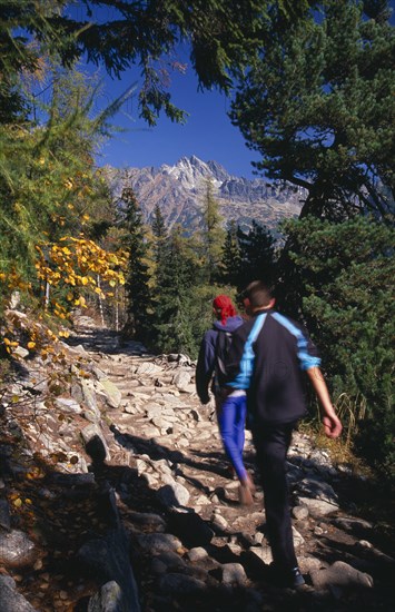 SLOVAKIA, Carpathian Mtns, High Tatras Mtns, Trekkers on the Magistrala trail near Popradske Pleso.  Rocky path lined by trees in Autumn colours with mountain peaks beyond.