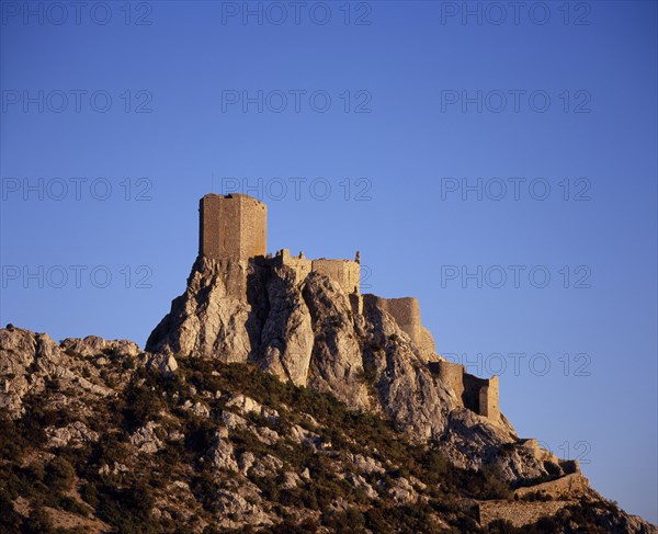 FRANCE, Languedoc-Roussillon, Aude, "Ruins of Chateau Queribus, last stronghold of the Cathar resistance during the thirteenth century.  Situated on ridge high above the village of Maury."