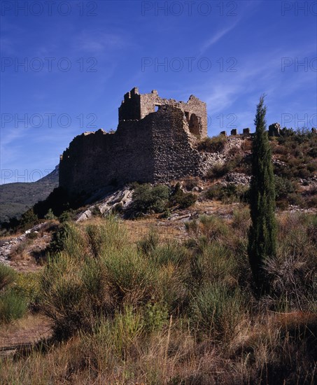 FRANCE, Languedoc-Roussillon, Aude, "Chateau Padern.  Ruined Cathar castle stronghold on hillside with scattered outcrops of rock, broom and cypress tree."