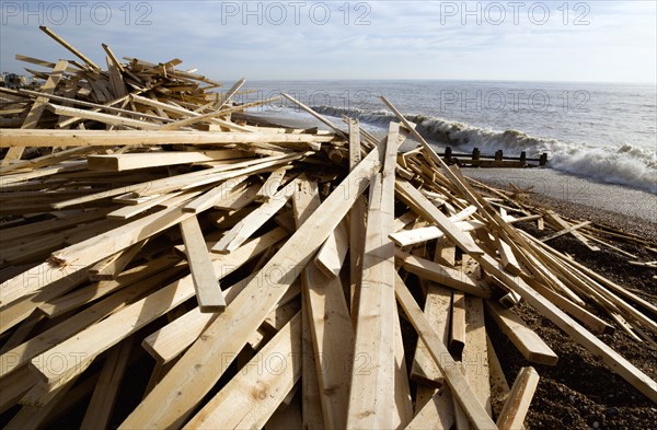 ENGLAND, West Sussex, Worthing, Timber wood planks washed up on the beach seafront from the wreckage of the Greek registered ship Ice Princess which sank off the Dorset coast on 15 January 2008