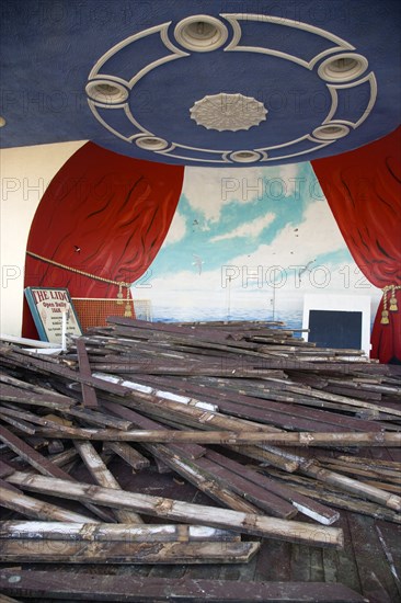 ENGLAND, West Sussex, Worthing, Piles of old decking in the bandstand the day that timber was washed up on the beach from the Greek registered Ice Princess which sank off the Dorset coast on 15th January 2008