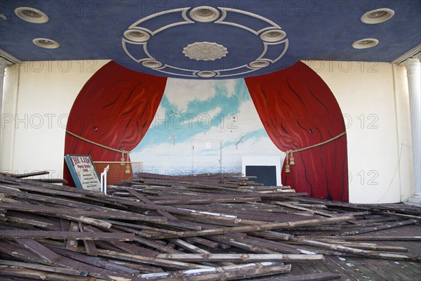 ENGLAND, West Sussex, Worthing, Piles of old decking in the bandstand the day that timber was washed up on the beach from the Greek registered Ice Princess which sank off the Dorset coast on 15th January 2008