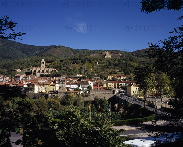 FRANCE, Languedoc-Roussillon, Pyrenees-Orientales, Prats-de-Mollo-la-Preste.  Mountain town with typical painted houses with red tiled rooftops and Fort Lagarde on hillside behind.  Road and tree tops in the foreground.