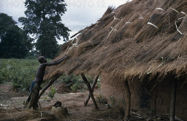 SENEGAL, Architecture, Woman thatching mud brick village house.