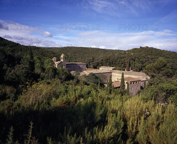 FRANCE, Languedoc-Roussillon, Aude, Fontfroide.  Rooftops and bell tower of former Cistercian Abbey among cypress and other trees.  The remaining buildings date from the twelth century.