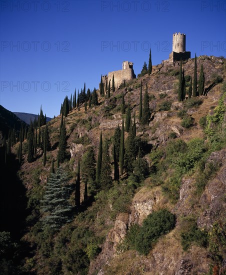 FRANCE, Languedoc-Roussillon, Aude, "Chateaux de Lastours. Cathar castles from left to right Chateau Cabaret (mid-eleventh century), and Tour Regine, added after 1240."