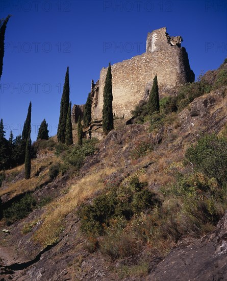 FRANCE, Languedoc-Roussillon, Aude, "Chateaux de Lastours, Cathar castles.  Chateau Cabaret dating from the mid-eleventh century set on hillside with cypress trees."