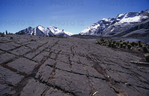 COLOMBIA, Sierra Nevada del Cocuy , "View across harshly weathered limestone karst-like plateau, large crevices where calcite weathered out. Frailejon ""ferns"" and Sierra peaks in distance."