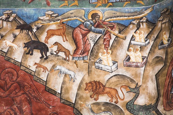 ROMANIA, Moldavia, Bucovina, "Part of Last Judgement fresco on wall, Voronet Monastery, near Gura Humorului"