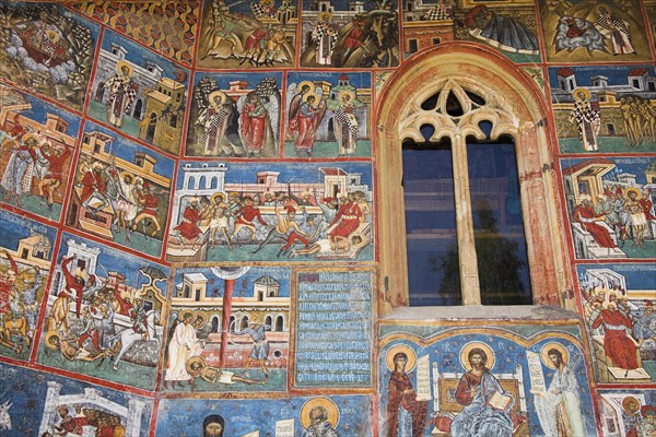 ROMANIA, Moldavia, Bucovina, "Frescoes on outside south wall, Voronet Monastery, near Gura Humorului"