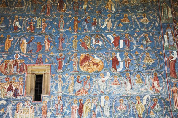 ROMANIA, Moldavia, Bucovina, "Frescoes on outside south wall, Voronet Monastery, near Gura Humorului"