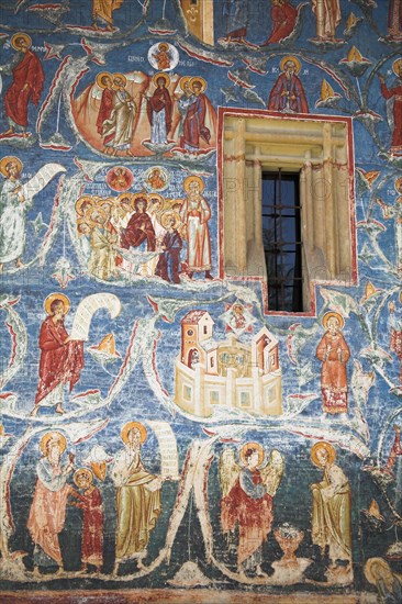 ROMANIA, Moldavia, Bucovina, "Frescoes on outside south wall, Voronet Monastery, near Gura Humorului,"