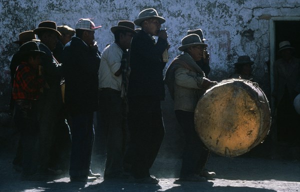 20088973 PERU Puno Pizacoma Musicians at village fiesta.  The second band member plays traditional pan-flute or  zampona .