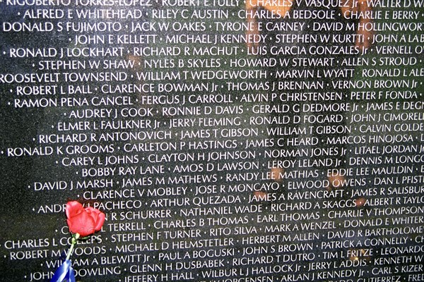 USA, Washington DC, "Inscriptions of deceased servicemen engraved on wall, Vietnam Veterans Memorial,"