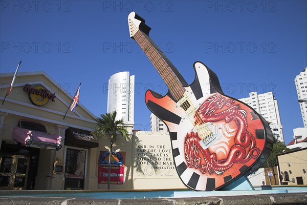 MEXICO, Guerrero State, Acapulco, Guitar outside entrance to Hard Rock Cafe