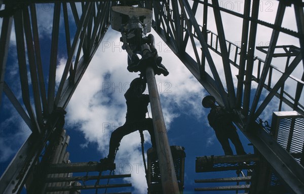 COLOMBIA, Industry, Oil Exploration, Guavio 1  1959 the first wildcat exploration oil rig on the edge of the Llanos in foothills of Cordillera Oriental. Texaco drillers found oil and this well was forerunner to large oil discoveries in 1980's