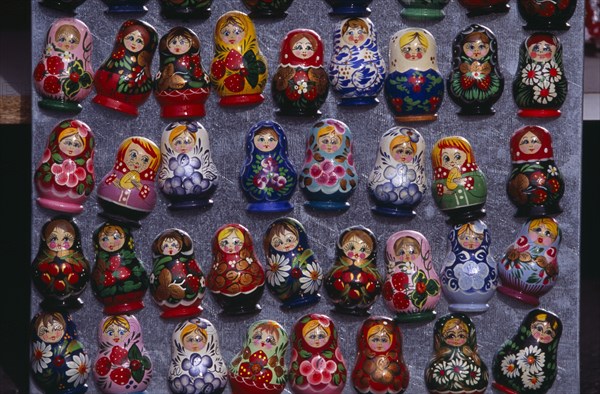 HUNGARY, Budapest, Colourful painted matryoshka dolls for sale in souvenir shop.