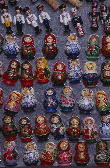HUNGARY, Budapest, Colourful painted matryoshka dolls for sale in souvenir shop.