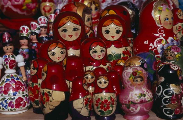 HUNGARY, Budapest, Colourful painted matryoshka dolls for sale in souvenir shop.