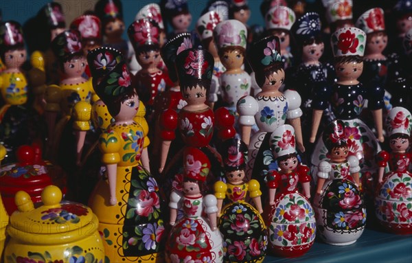 HUNGARY, Budapest, Colourful painted matryoshka dolls for sale in souvenir shop.