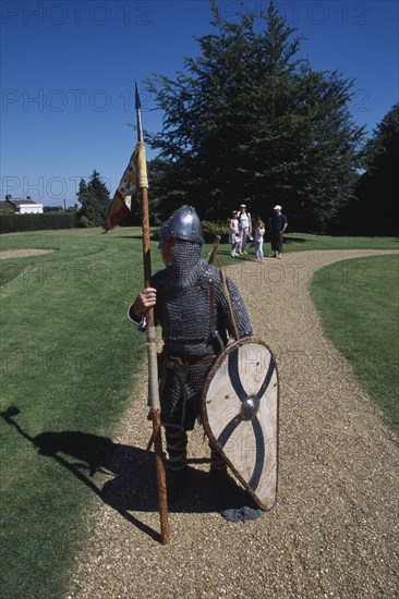ENGLAND, East Sussex, Battle, Battle Abbey. Saxon foot soldier in the grounds near to the spot where King Harold fell in the battle on Saturday 14th October 1066