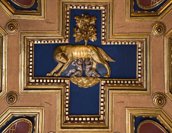 ITALY, Lazio, Rome, Capitoline Museum Palazzo dei Conservatori Ceiling caisson depicting Romulus and Remus feeding from the she wolf