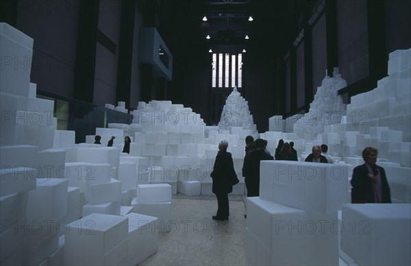 ENGLAND, London, "Tate Modern. Turbine Hall. Exhibition by Rachel Whiteread called Embankment. 14,000 transluscent white polyethylene boxes stacked in various ways. Visitors walking around."