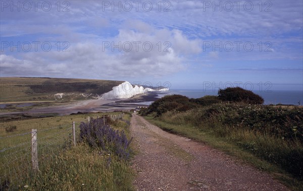 ENGLAND, East Sussex, Seven Sisters, The Seven Sisters white chalk cliffs viewed from a path at Seaford Head