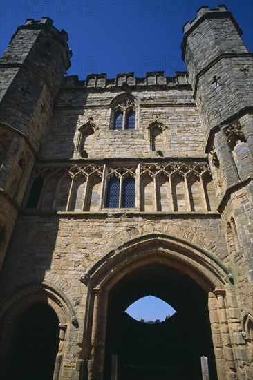 ENGLAND, East Sussex, Battle, Battle Abbey. Part view of the The Gatehouse